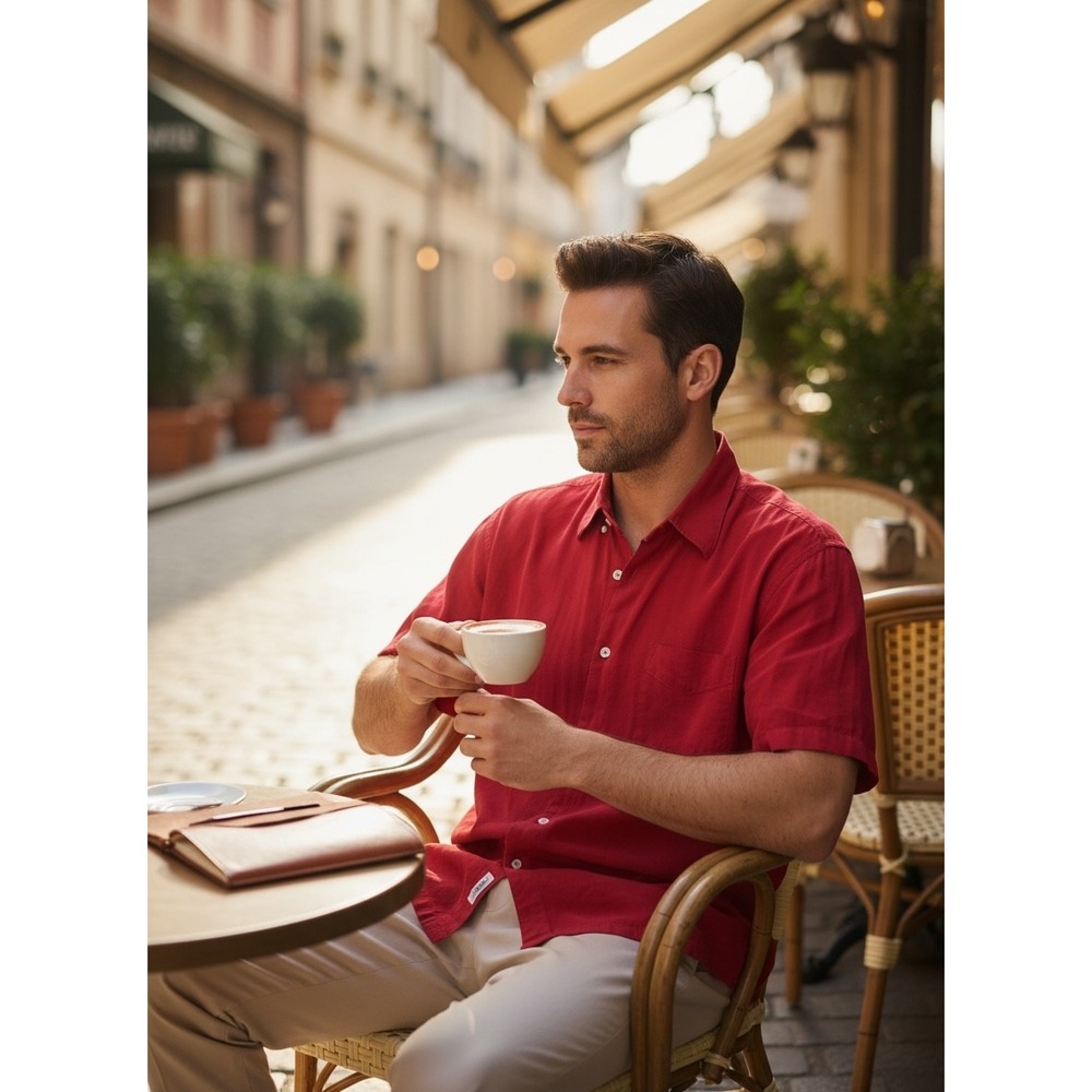 Saltaire Mens Red Short Sleeve Button Down Shirt Tencel Linen Blend MT91400 L